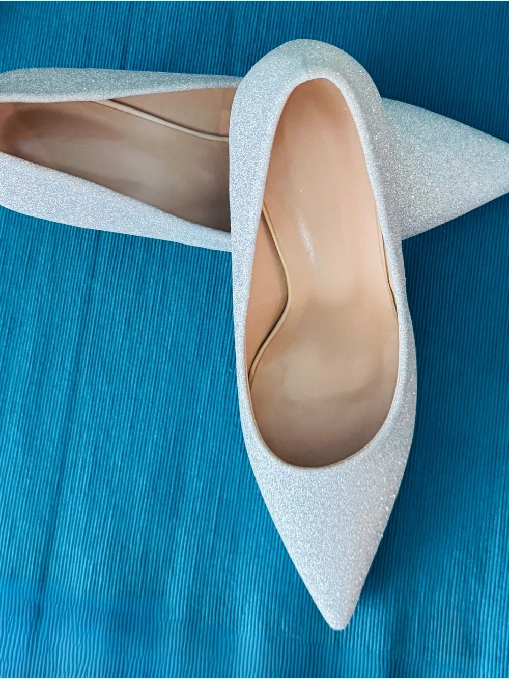 Sparkle Pointed Pumps in Iridescent Silver with Sculpted Metallic Heel
